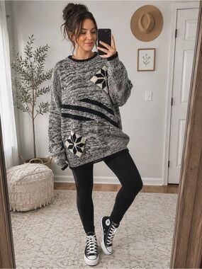Vintage Spettro XL Chunky Grandpa Sweater Oversized Black White Abstract Knit